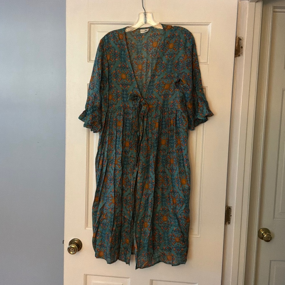 Natural Life Floral Duster Kimono Teal Blue Boho Festival Top best fits M